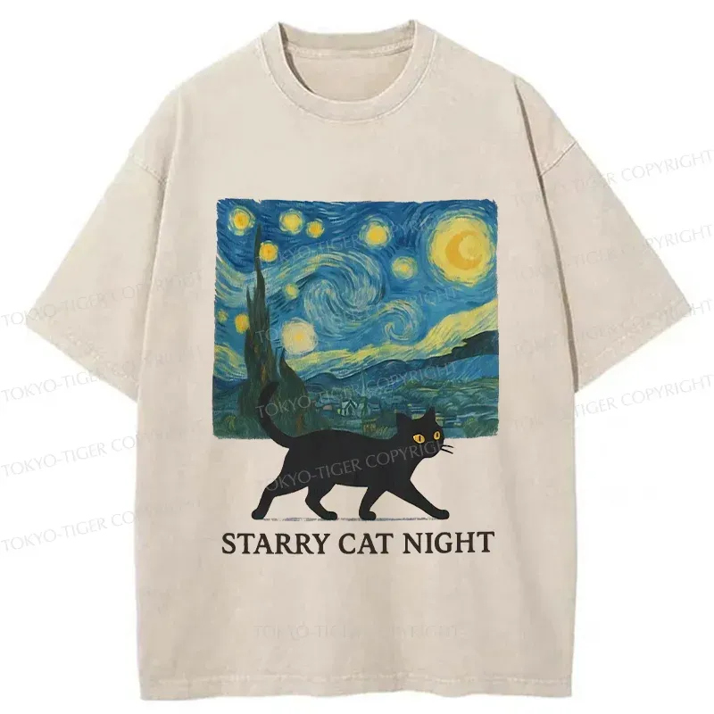 Tokyo-Tiger Cat Walking Under The Stars Washed T-Shirt Sale