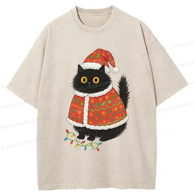 Tokyo-Tiger Cat Wearing Santa Hat Washed T-Shirt