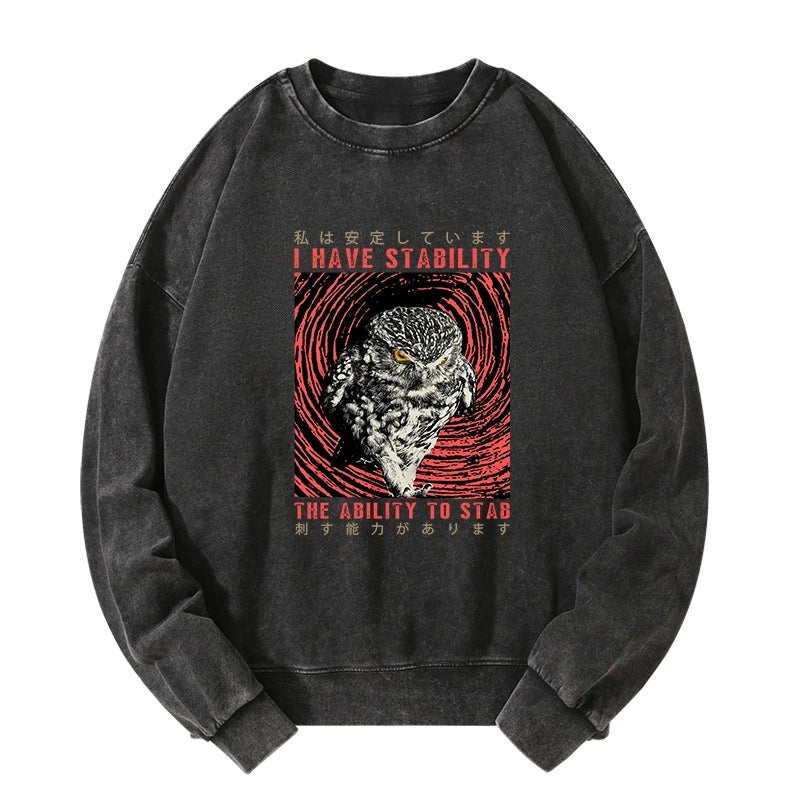 Tokyo-Tiger I Have Stability Owl Washed Sweatshirt
