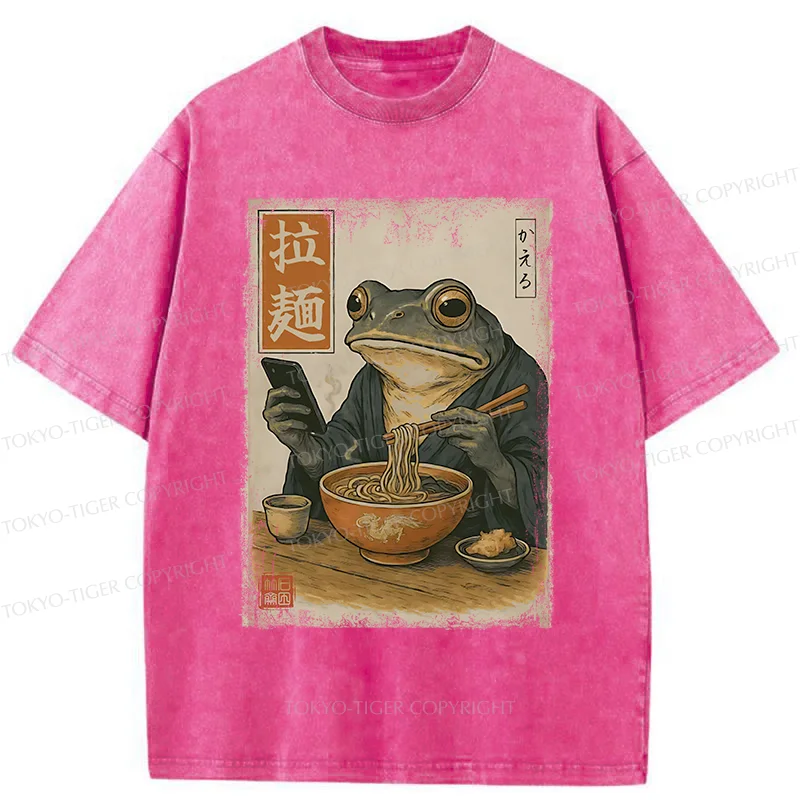 Tokyo-Tiger Funny Frog Eating Ramen Washed T-Shirt