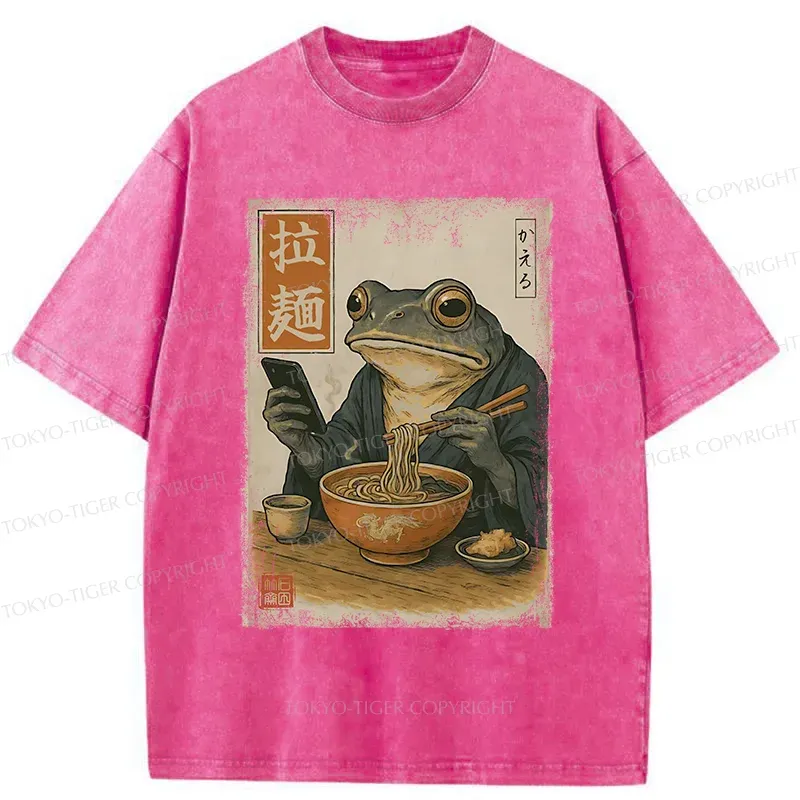 Tokyo-Tiger Funny Frog Eating Ramen Washed T-Shirt