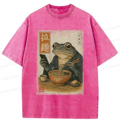 Tokyo-Tiger Funny Frog Eating Ramen Washed T-Shirt
