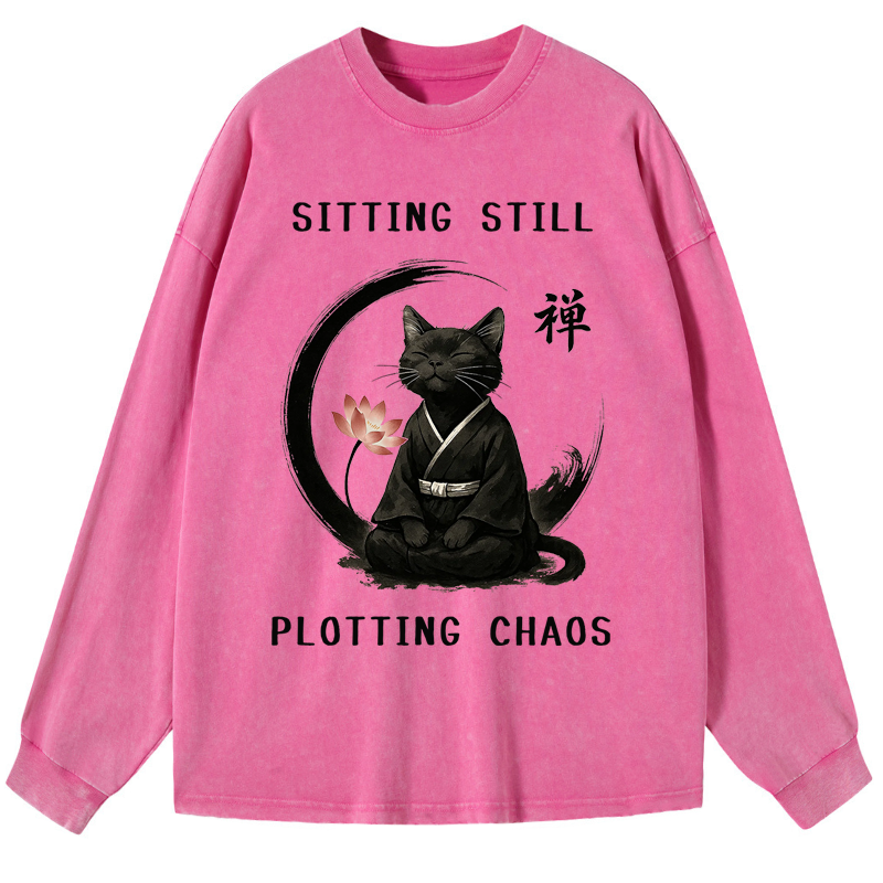 Tokyo-Tiger Sitting still  plotting chaos Calming Zen Cat Funny Washed Long Sleeve T-Shirt