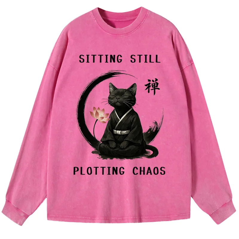 Tokyo-Tiger Sitting still  plotting chaos Calming Zen Cat Funny Washed Long Sleeve T-Shirt