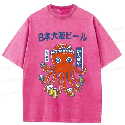 Tokyo-Tiger Octopus Chef Drinking Beer Washed T-Shirt