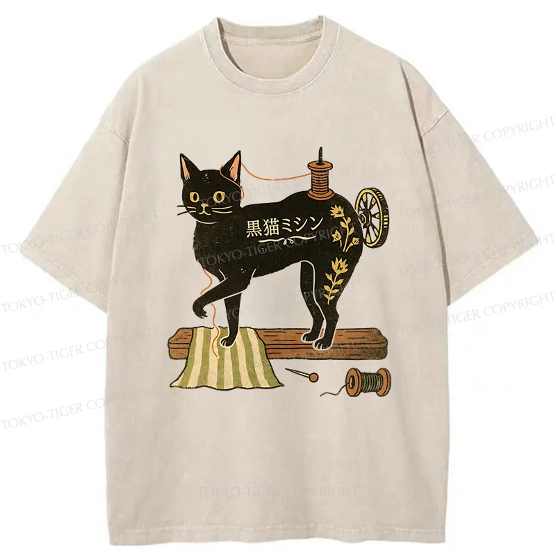 Tokyo-Tiger Sewing Machine Cat Washed T-Shirt
