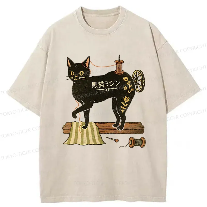 Tokyo-Tiger Sewing Machine Cat Washed T-Shirt