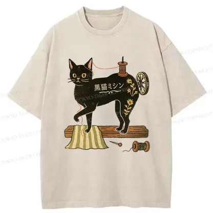 Tokyo-Tiger Sewing Machine Cat Washed T-Shirt