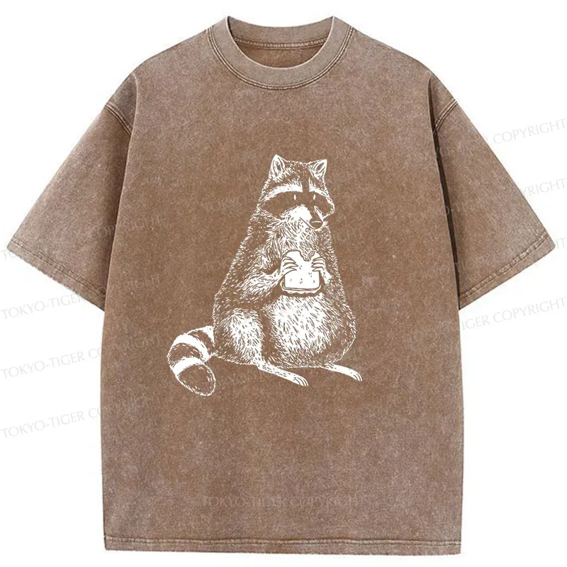 Tokyo-Tiger Raccoon Eating Bread Washed T-Shirt