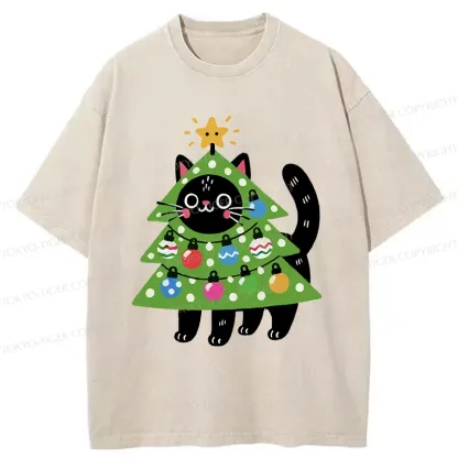 Tokyo-Tiger Christmas Tree Cat Washed T-Shirt