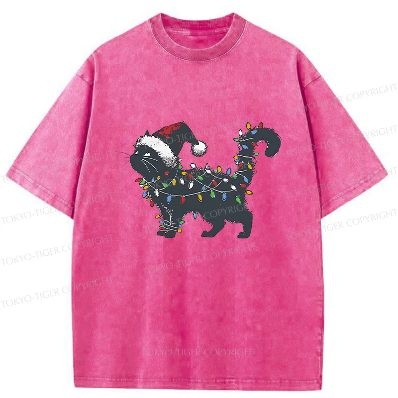 Tokyo-Tiger Cat Entangled In Christmas Lights Washed T-Shirt