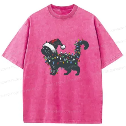Tokyo-Tiger Cat Entangled In Christmas Lights Washed T-Shirt