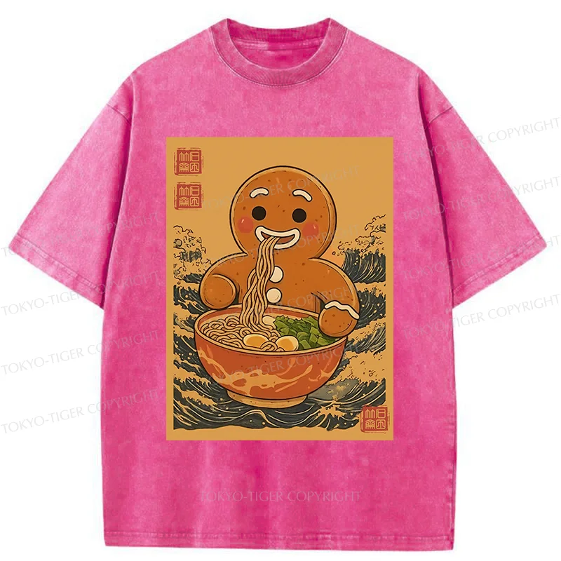 Tokyo-Tiger Gingerbread Man Eating Ramen Washed T-Shirt