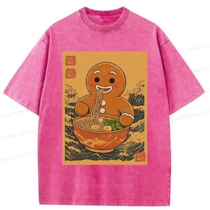 Tokyo-Tiger Gingerbread Man Eating Ramen Washed T-Shirt