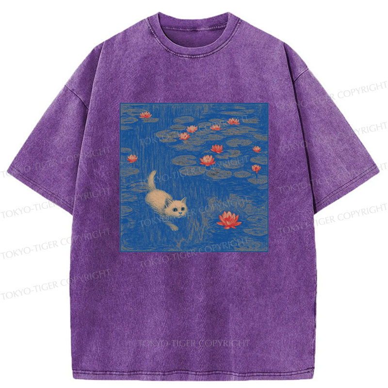 Tokyo-Tiger The Kitten Sneaking Into The Water Lilies Washed T-Shirt