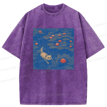 Tokyo-Tiger The Kitten Sneaking Into The Water Lilies Washed T-Shirt