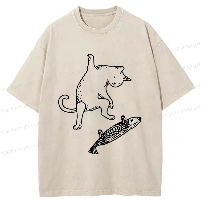 Tokyo-Tiger Cat Skateboarding Washed T-Shirt
