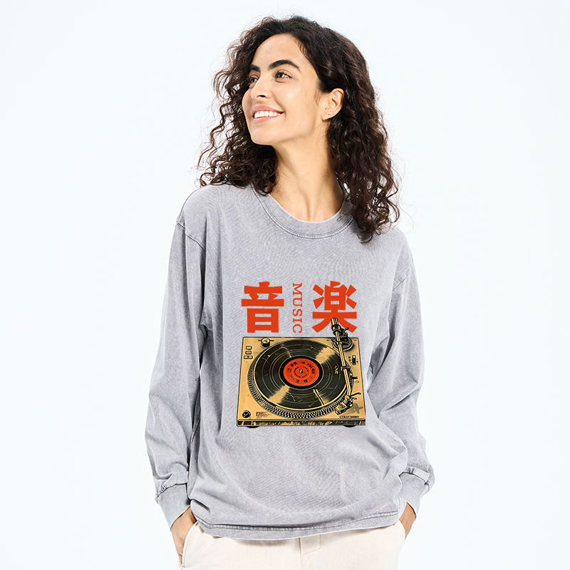Tokyo-Tiger Retro Music Record Player Washed Long Sleeve T-Shirt