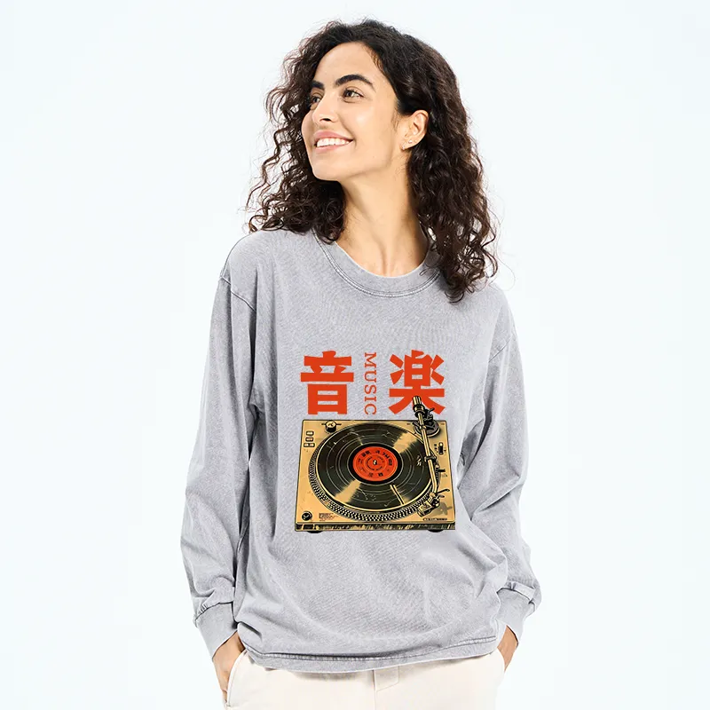 Tokyo-Tiger Retro Music Record Player Washed Long Sleeve T-Shirt