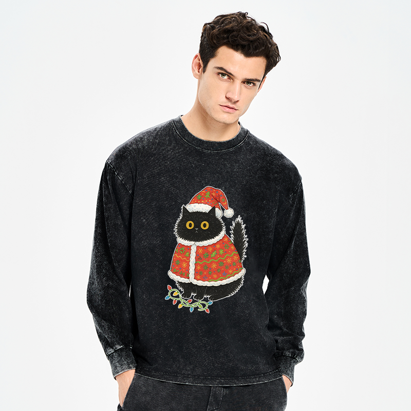 Tokyo-Tiger Cat Wearing Santa Hat Washed Long Sleeve T-Shirt