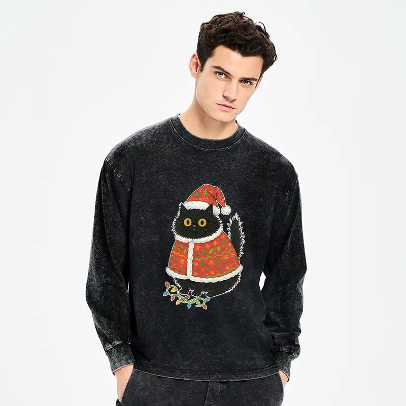 Tokyo-Tiger Cat Wearing Santa Hat Washed Long Sleeve T-Shirt