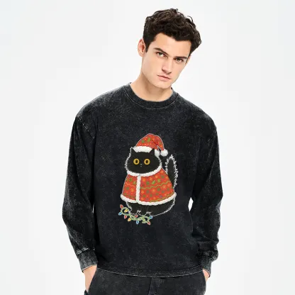 Tokyo-Tiger Cat Wearing Santa Hat Washed Long Sleeve T-Shirt