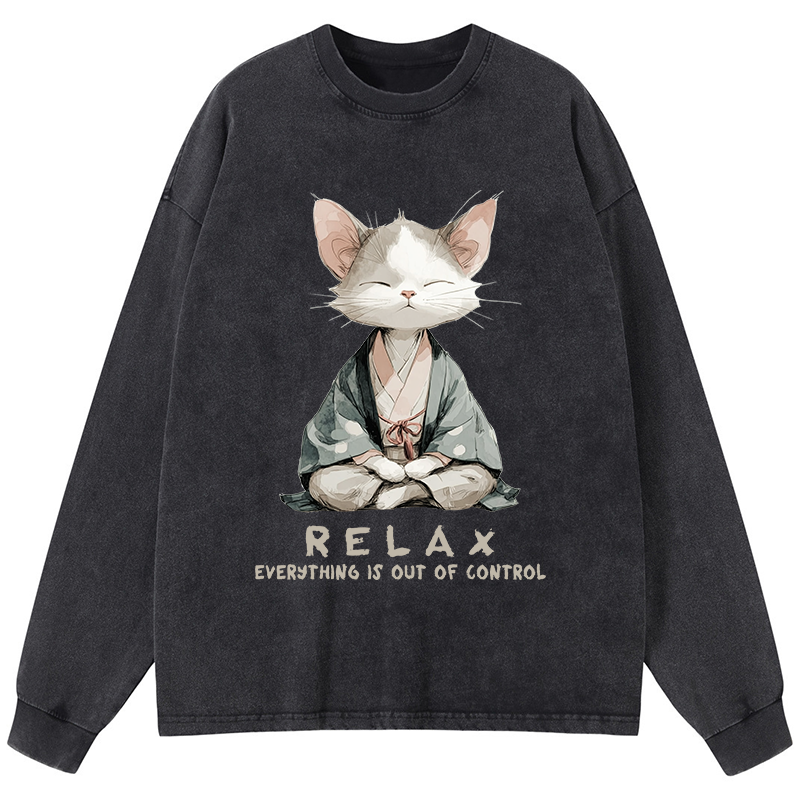 Tokyo-Tiger Zen Cat Relaxation，Everything's Out Of Control Washed Long Sleeve T-Shirt