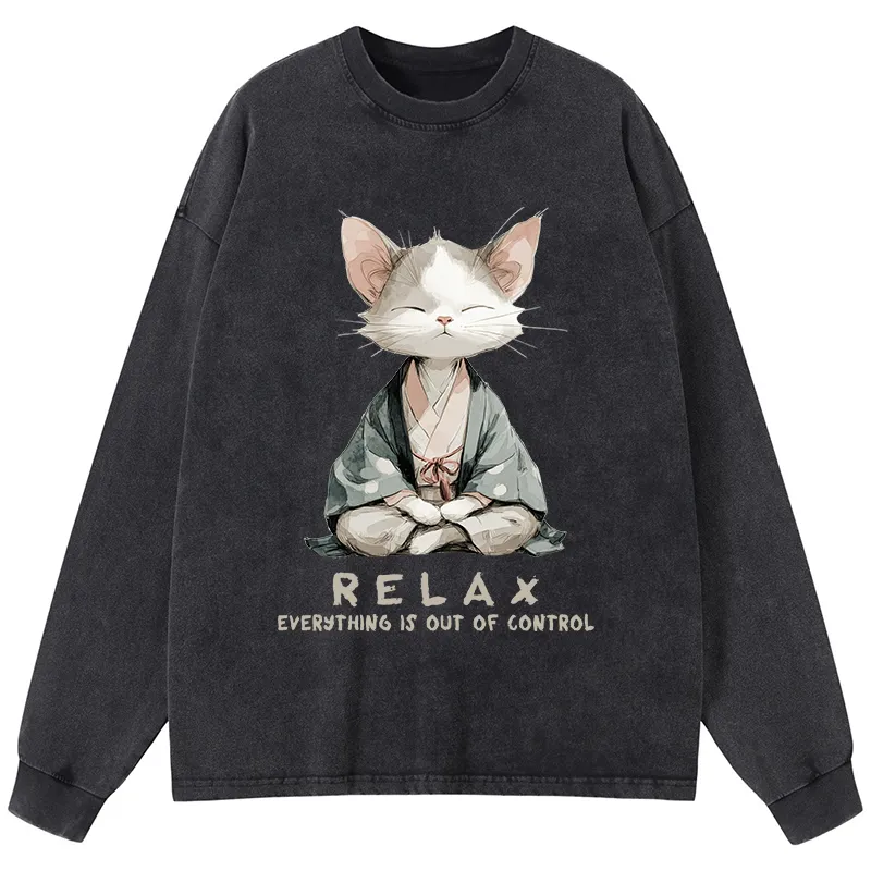 Tokyo-Tiger Zen Cat Relaxation，Everything's Out Of Control Washed Long Sleeve T-Shirt