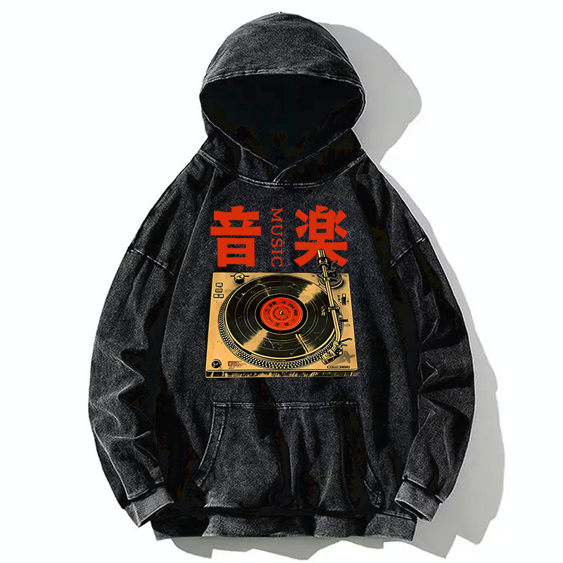 Tokyo-Tiger Retro Music Record Player Washed Hoodie