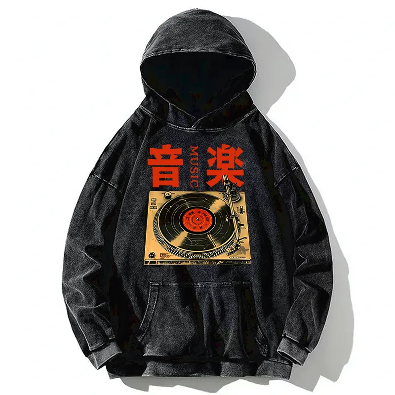 Tokyo-Tiger Retro Music Record Player Washed Hoodie