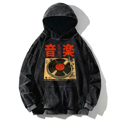 Tokyo-Tiger Retro Music Record Player Washed Hoodie