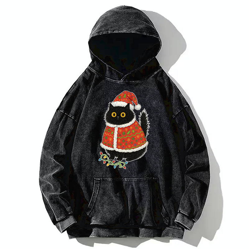Tokyo-Tiger Cat Wearing Santa Hat Washed Hoodie