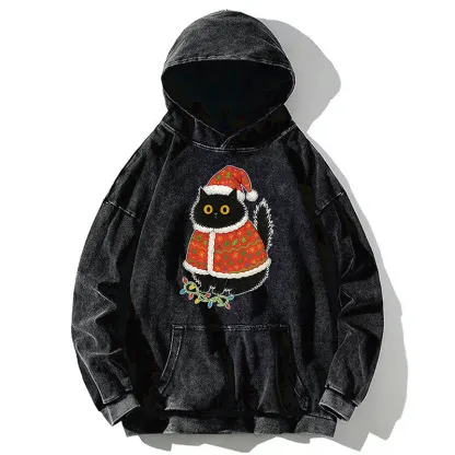 Tokyo-Tiger Cat Wearing Santa Hat Washed Hoodie