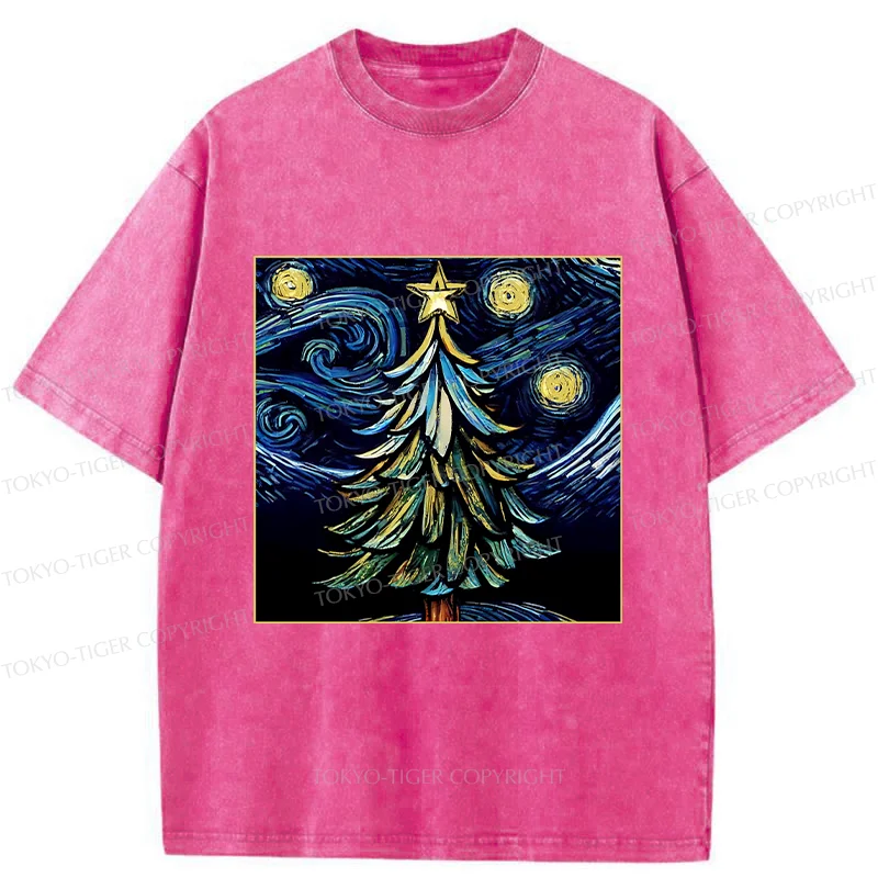 Tokyo-Tiger Christmas Tree Under The Starry Night Washed T-Shirt