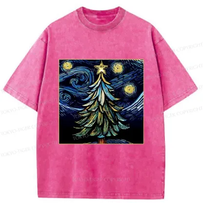 Tokyo-Tiger Christmas Tree Under The Starry Night Washed T-Shirt