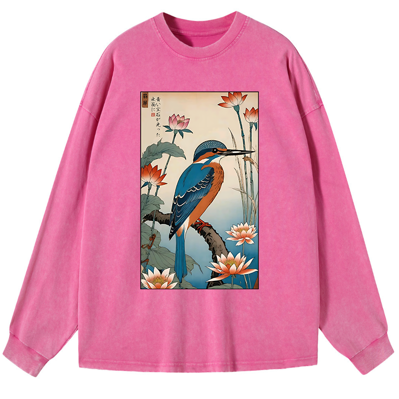 Tokyo-Tiger Ukiyo-e Kingfisher Washed Long Sleeve T-Shirt