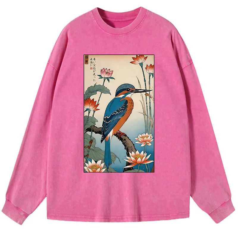 Tokyo-Tiger Ukiyo-e Kingfisher Washed Long Sleeve T-Shirt