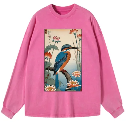 Tokyo-Tiger Ukiyo-e Kingfisher Washed Long Sleeve T-Shirt