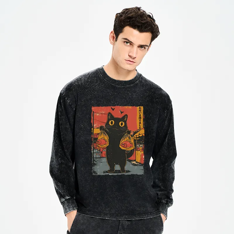 Tokyo-Tiger Cat Fishing Japanese Washed Long Sleeve T-Shirt