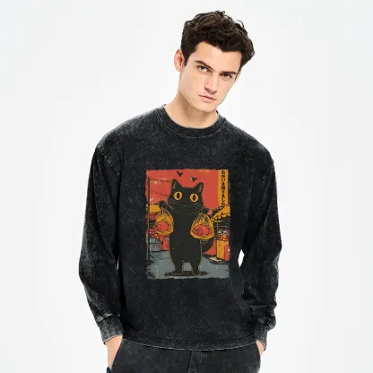 Tokyo-Tiger Cat Fishing Japanese Washed Long Sleeve T-Shirt