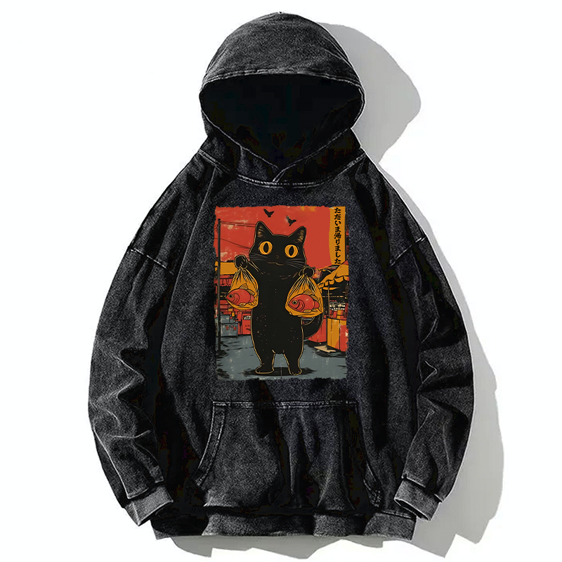 Tokyo-Tiger Cat Fishing Japanese Washed Hoodie