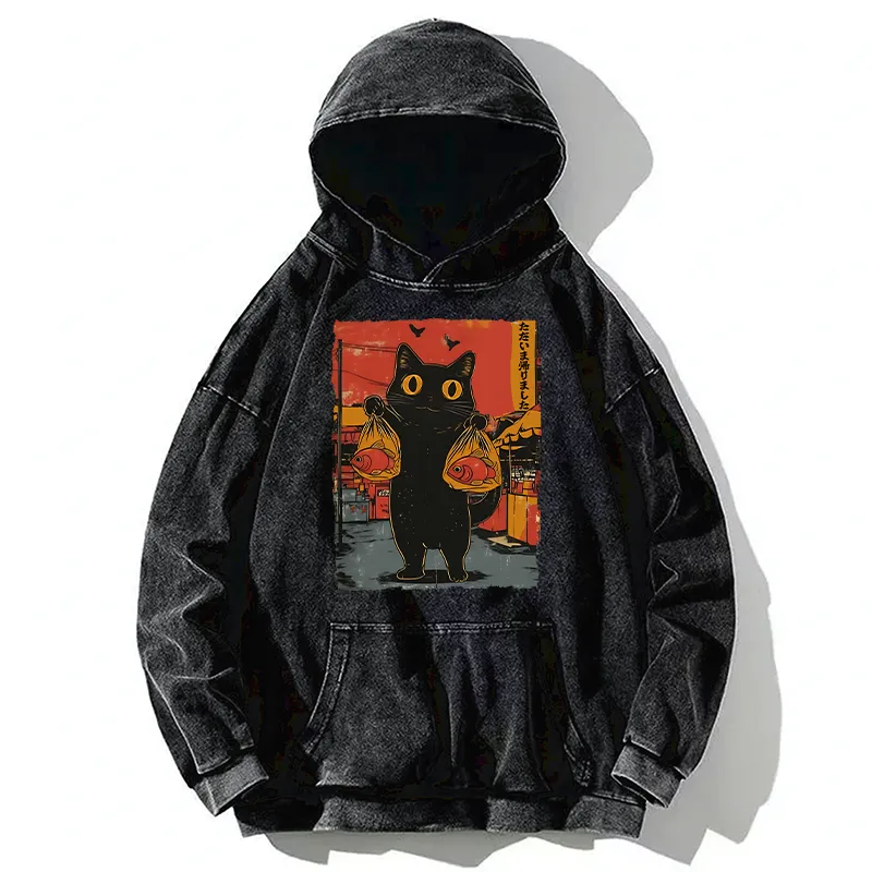 Tokyo-Tiger Cat Fishing Japanese Washed Hoodie