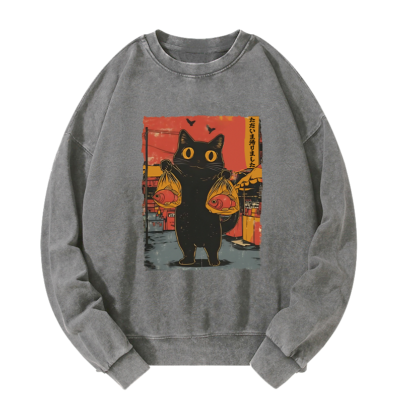 Tokyo-Tiger Cat Fishing Japanese Washed Sweatshirt