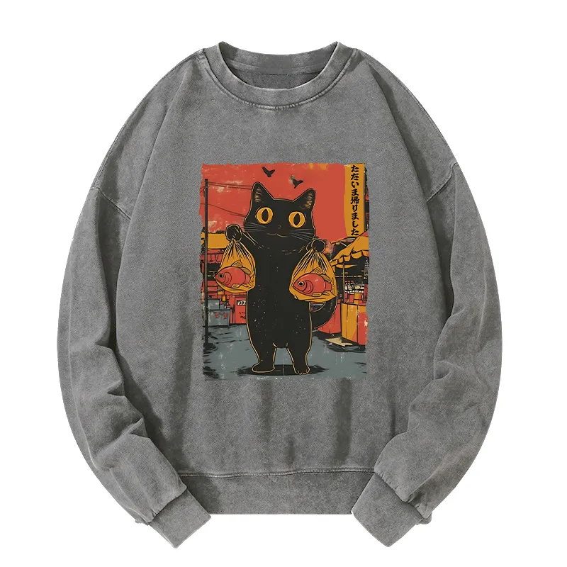 Tokyo-Tiger Cat Fishing Japanese Washed Sweatshirt