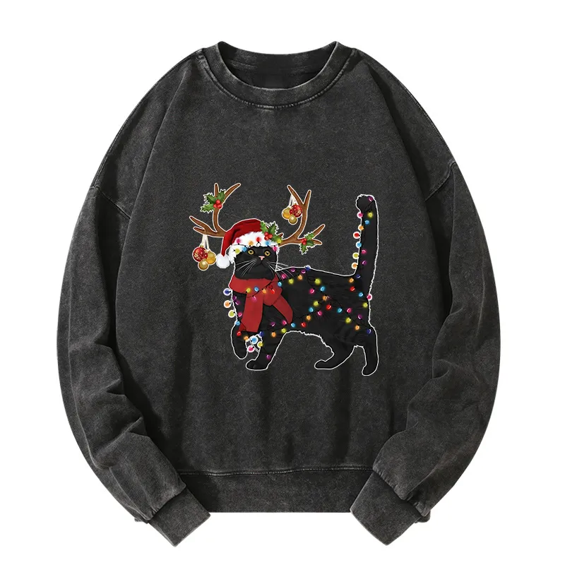 Tokyo-Tiger Christmas Black Cat Washed Sweatshirt