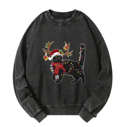 Tokyo-Tiger Christmas Black Cat Washed Sweatshirt