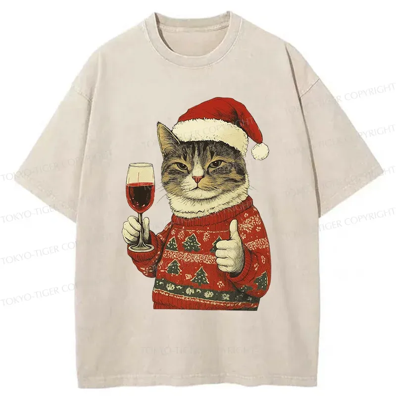 Tokyo-Tiger Christmas Cat Likes Washed T-Shirt