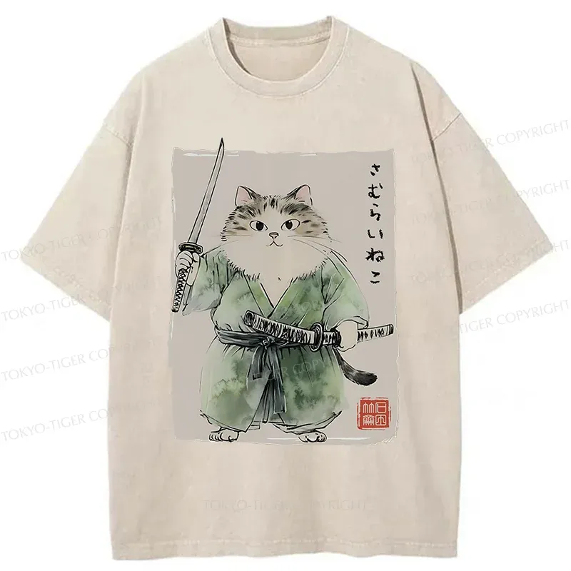 Tokyo-Tiger Fat Cat Samurai Washed T-Shirt