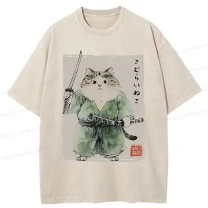 Tokyo-Tiger Fat Cat Samurai Washed T-Shirt