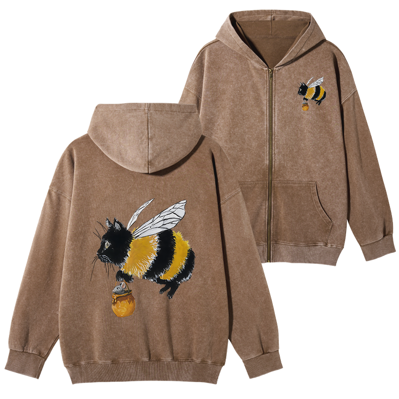 Tokyo-Tiger  Catbee Funny Washed Zip Hoodie